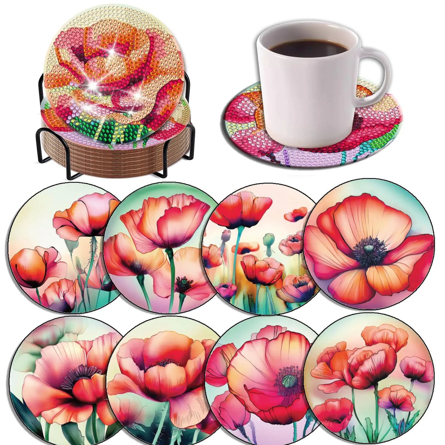 Diamond Painting Onderzetters Bloemen - Set van 8 stuks