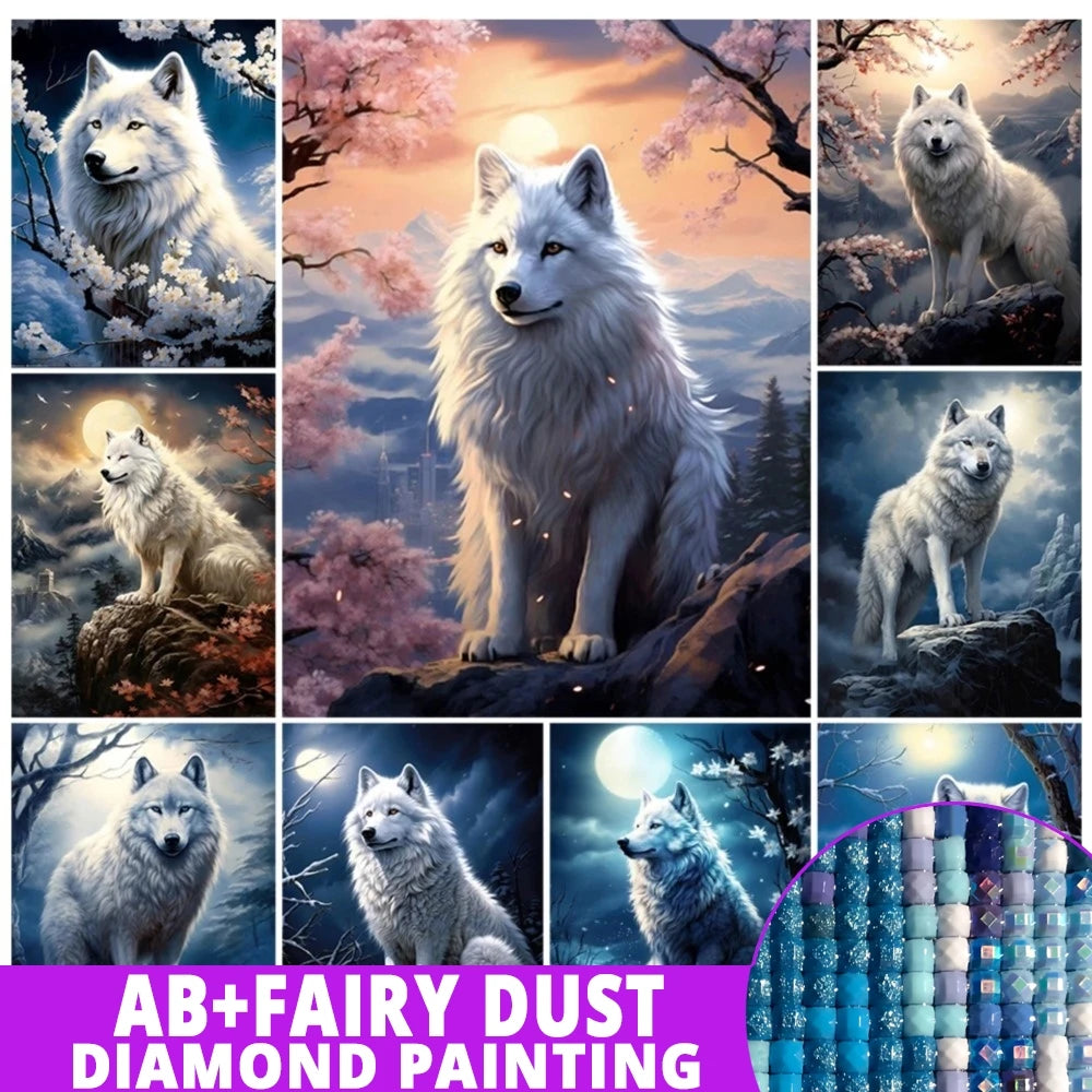 AB Diamond Painting op canvas – Wolf bij Maan en Bergen – Volledige bedekking – Keuze uit ronde of vierkante AB/Fairydust steentjes