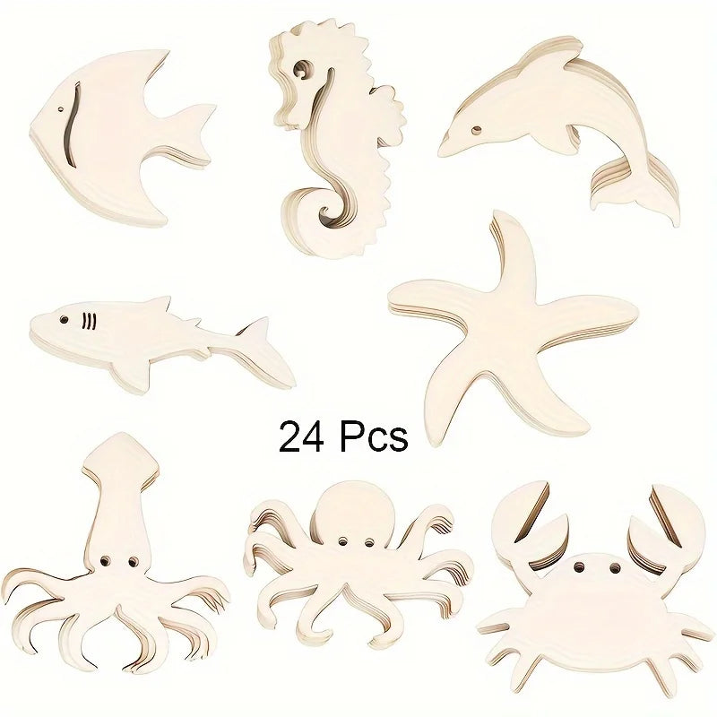 Houten figuur om zelf te kleuren/schilderen – Zeedieren set van 24