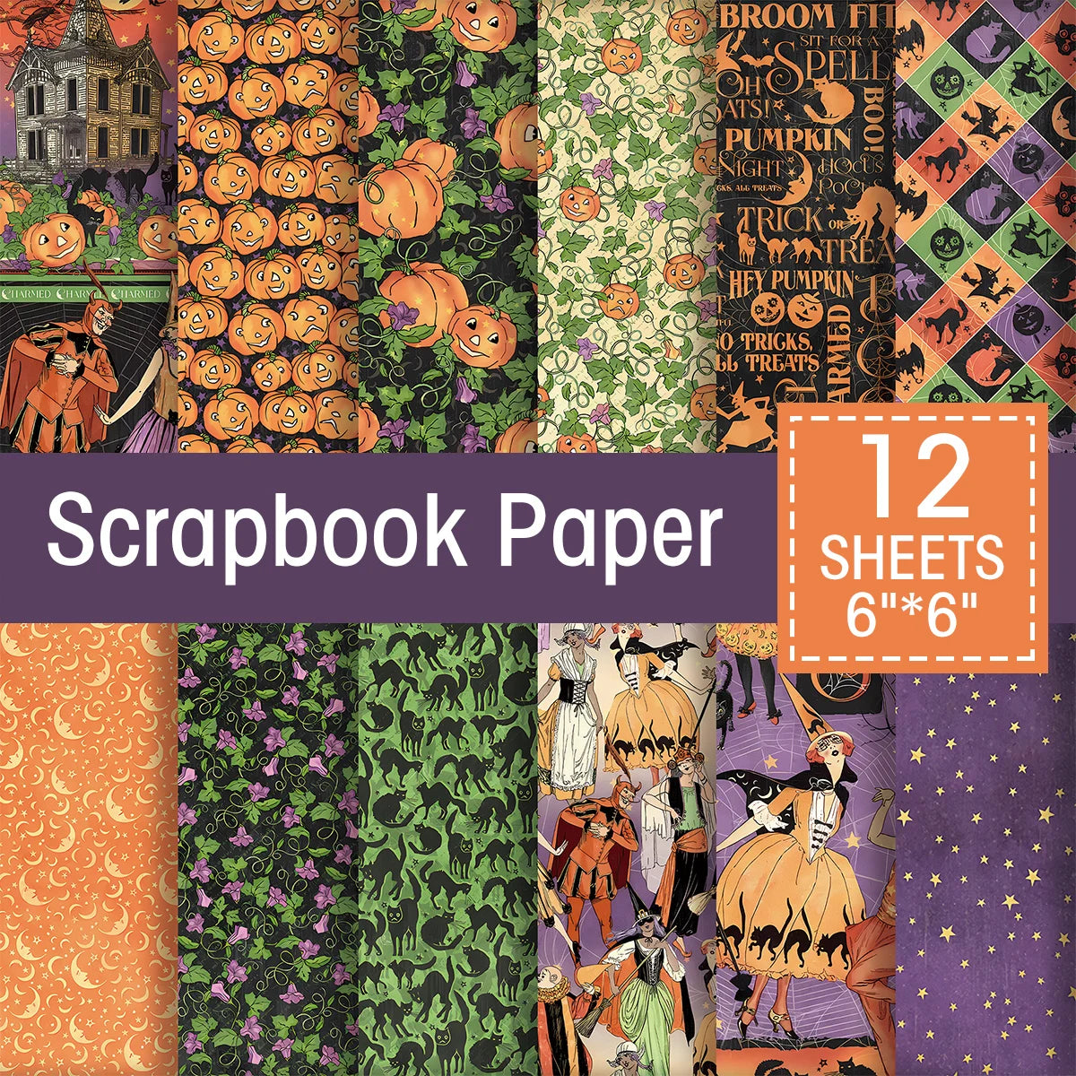 Halloween Scrapbook Papierblok - 12 Vellen, 15x15 cm, Enkelzijdig
