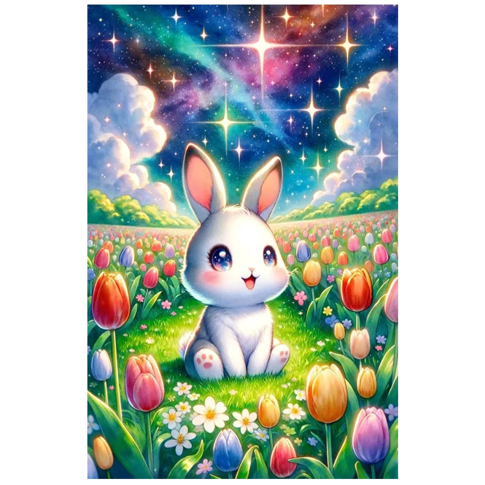 AB Diamond Painting op canvas - Tulp en Konijn met Fairy Dust en AB steentjes