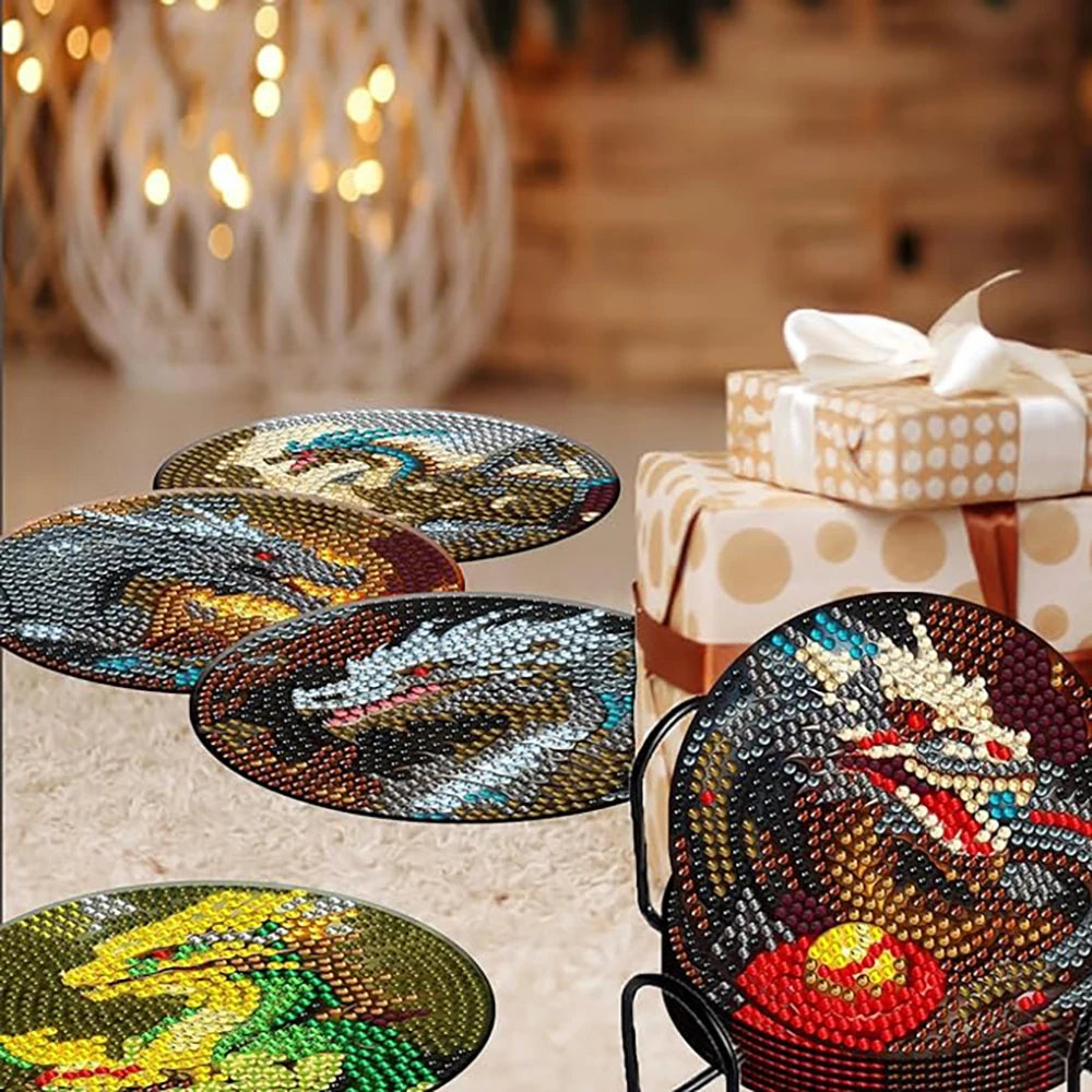 Diamond Painting Onderzetters - Set van 8 met Draken Ontwerp, Inclusief Standaard