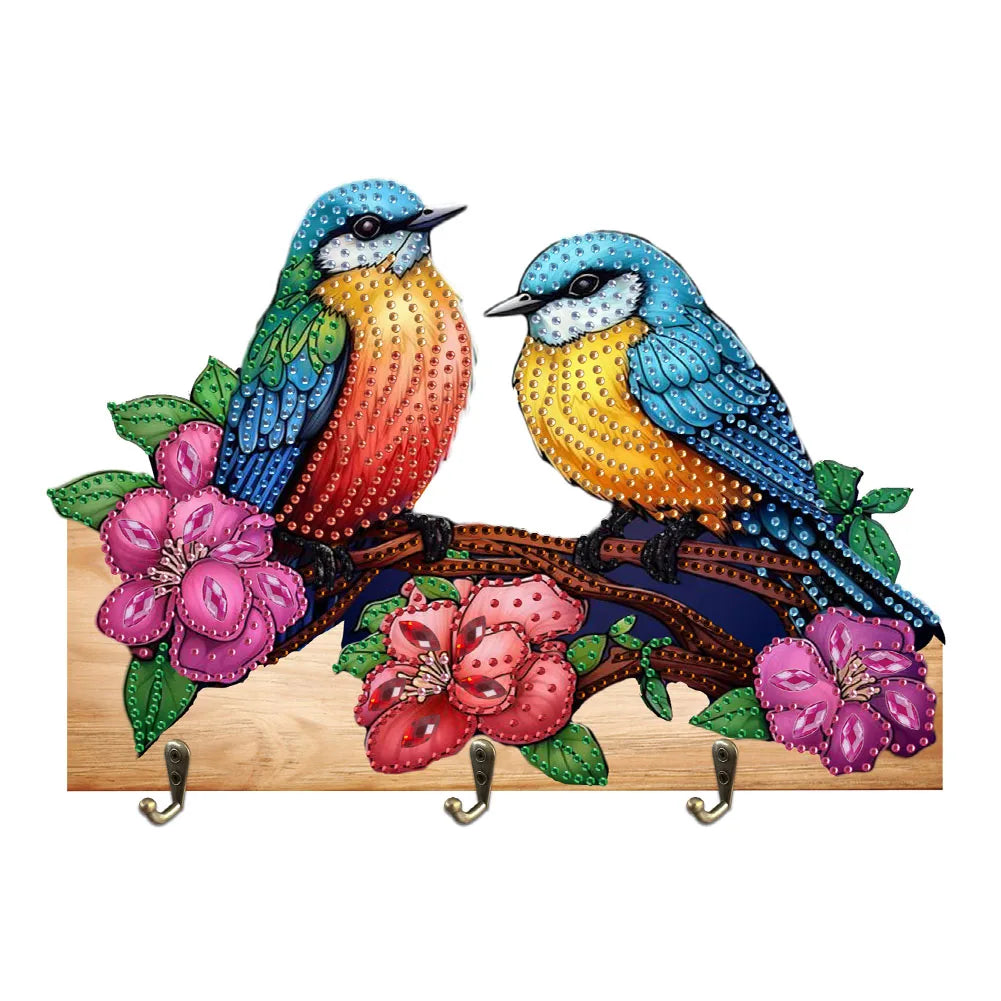 Diamond Painting Kapstok/Sleutelrek – Houten Haakjes met Schattige Vogel