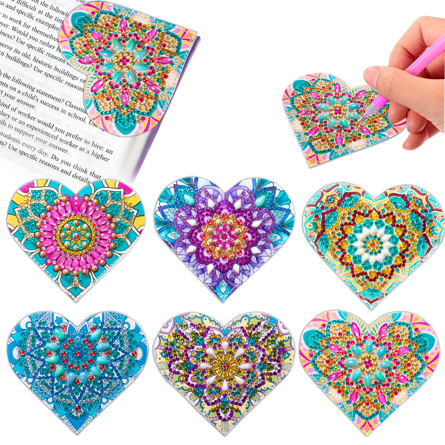 Diamond Painting Boekenlegger Hoekjes Set van 6 – Hartontwerp met Diamond Painting Steentjes