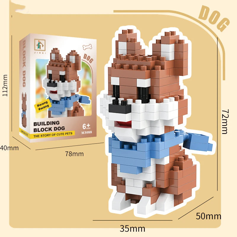 Bouwpakket schattige Husky & kat speelgoed – mini blokjes puzzelplezier