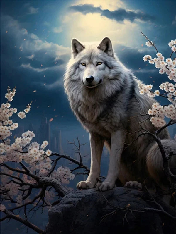 AB Diamond Painting op canvas – Wolf bij Maan en Bergen – Volledige bedekking – Keuze uit ronde of vierkante AB/Fairydust steentjes