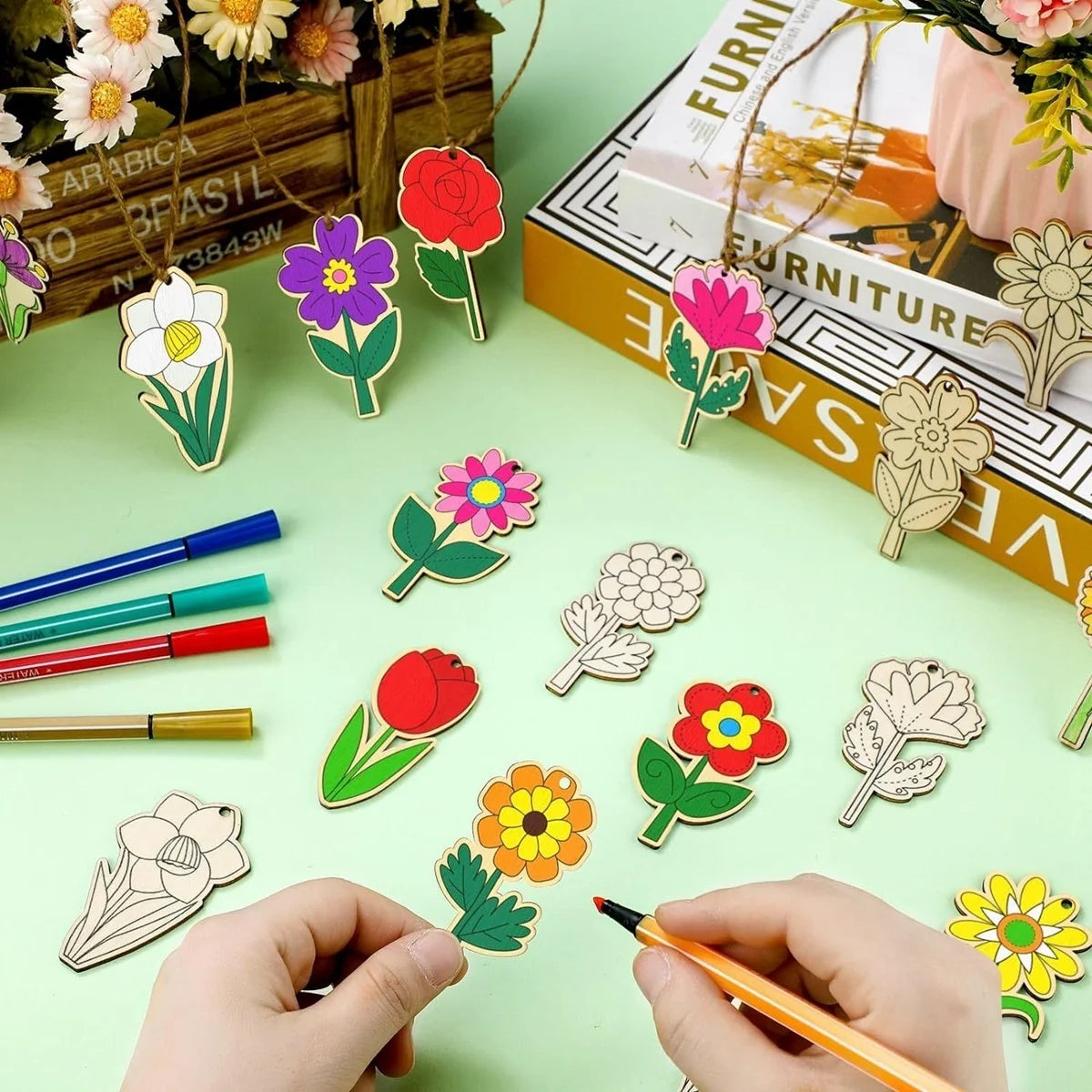Houten figuur om zelf te kleuren/schilderen – Lente bloemen set 12 stuks