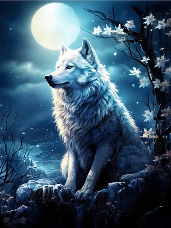 AB Diamond Painting op canvas – Wolf bij Maan en Bergen – Volledige bedekking – Keuze uit ronde of vierkante AB/Fairydust steentjes
