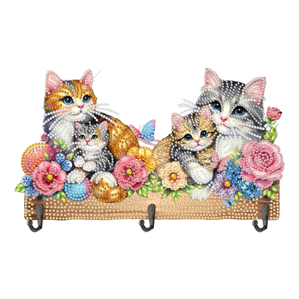 Diamond Painting Kapstok/Sleutelrek - Houten Libelle & Bloemen met Steentjes