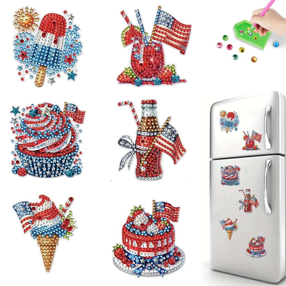 Diamond Painting Magneten – Set van 6 Koelkastmagneten (Eten, Bloemen of Amerikaanse Thema's)