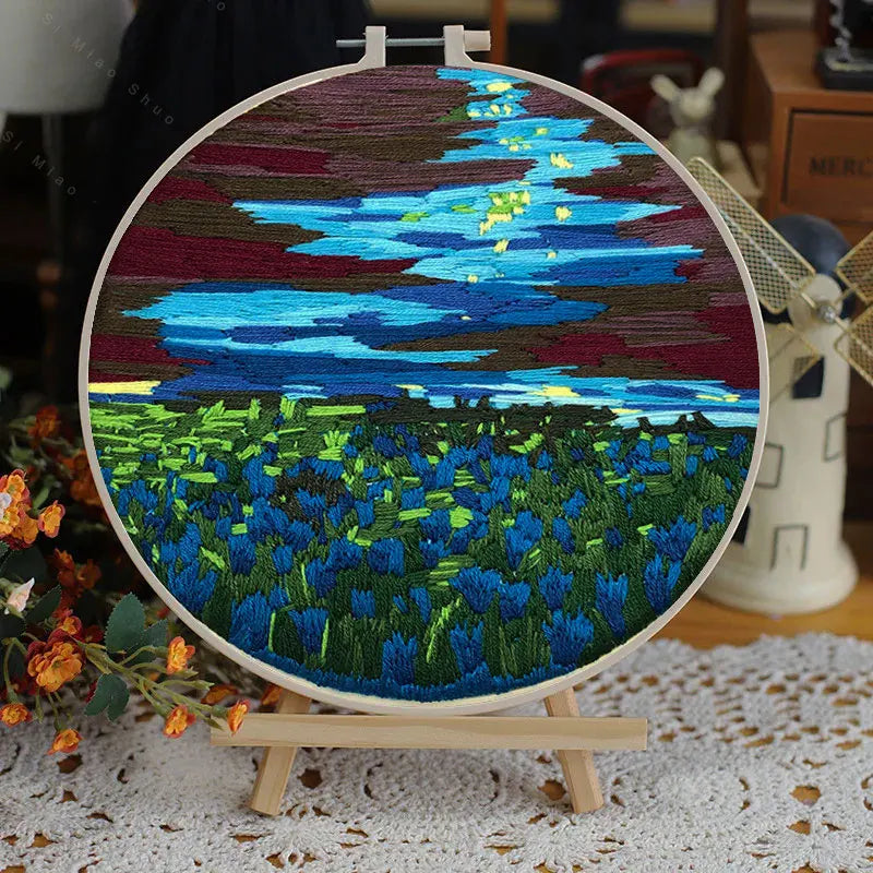 Borduurpakket Rond – Bloemenlandschap in 3D Kruissteek