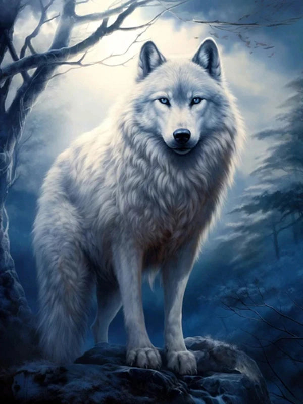AB Diamond Painting op canvas – Wolf bij Maan en Bergen – Volledige bedekking – Keuze uit ronde of vierkante AB/Fairydust steentjes
