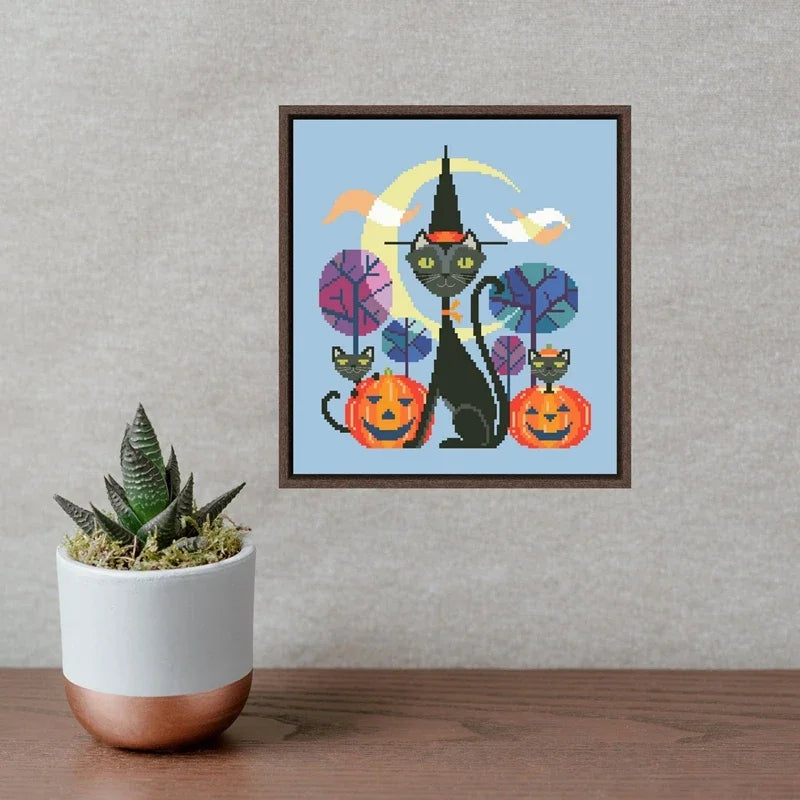 Borduurpakket Halloween Kat – Kruissteek op Blauw Aida – 18ct/14ct/11ct