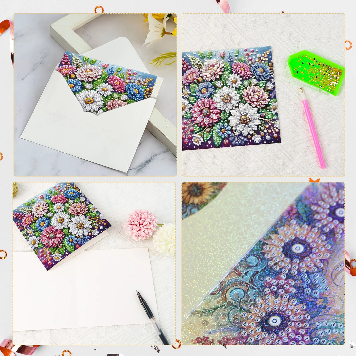 Diamond Painting Wenskaarten Set – Bloemen Festival met Enveloppen (6 stuks)