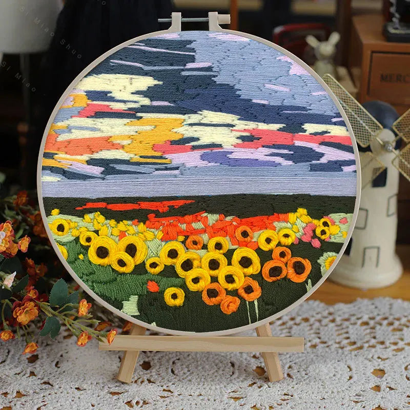 Borduurpakket Rond – Bloemenlandschap in 3D Kruissteek