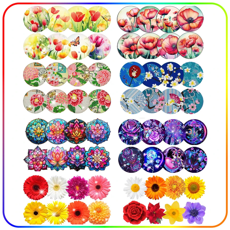 Diamond Painting Onderzetters Bloemen - Set van 8 stuks