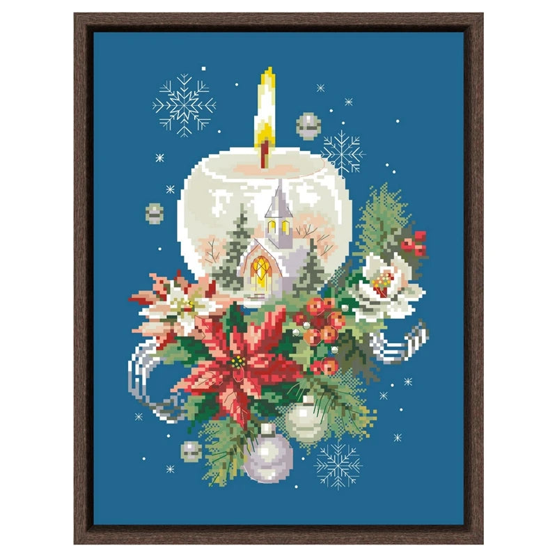 Borduurpakket kerstkaars – telpatroon op blauwe stof (11ct/14ct)