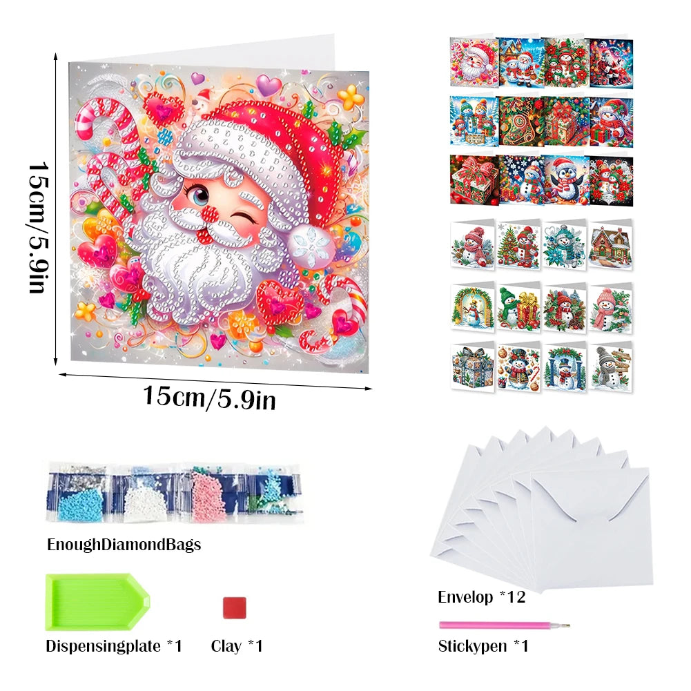 Diamond Painting Kerstkaarten Set – 12 Stuks Feestelijke Wenskaarten