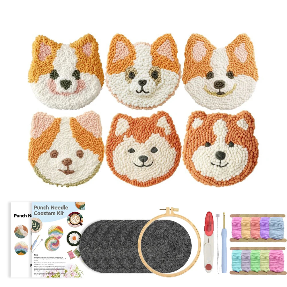 Punch Needle pakket Hond Onderzetters Set voor Beginners 6 Stuks