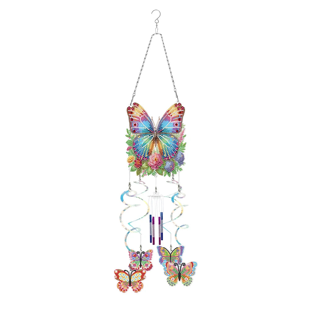 Diamond Painting Windgong met Bloemen, vlinder en Libelle – Dubbelzijdige Hanger met Diamond Painting Steentjes
