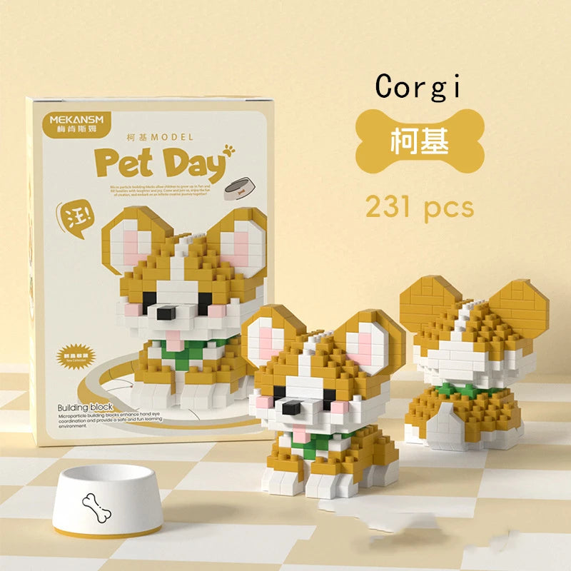 Bouwpakket schattige Husky & kat speelgoed – mini blokjes puzzelplezier