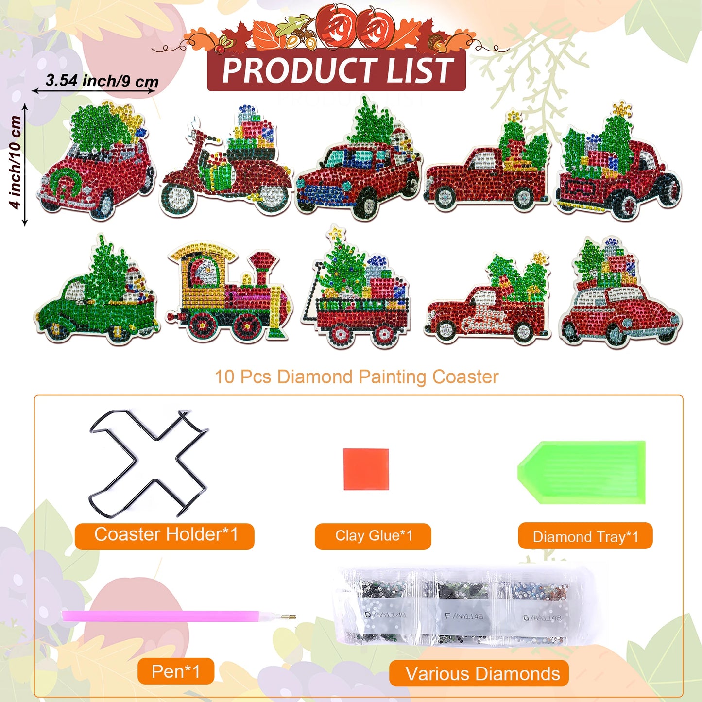 Diamond Painting Onderzetters Kerst Set – 10 Stuks met Houder - Auto