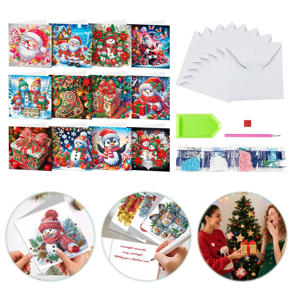 Diamond Painting Kerstkaarten Set – 12 Stuks Feestelijke Wenskaarten