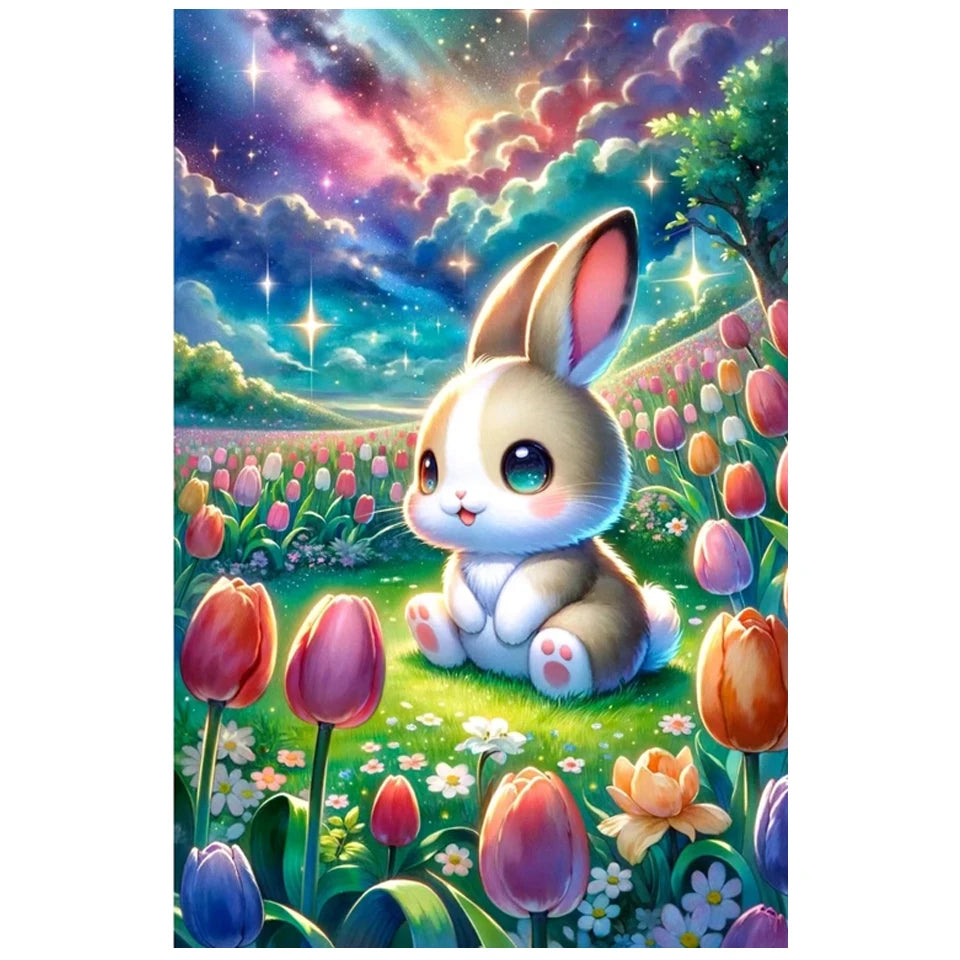AB Diamond Painting op canvas - Tulp en Konijn met Fairy Dust en AB steentjes