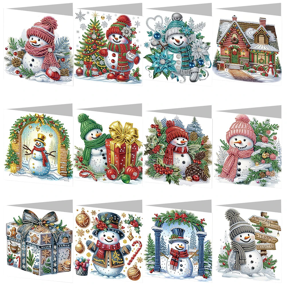 Diamond Painting Kerstkaarten set – 12 stuks sneeuwpop design