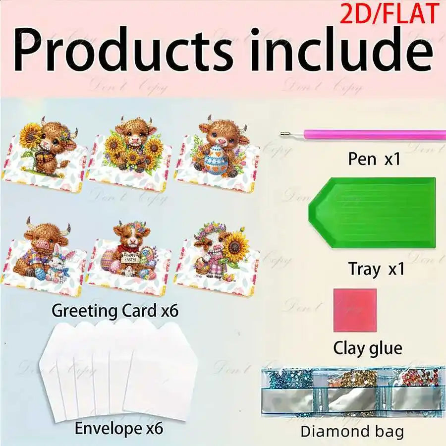 Diamond Painting Wenskaarten Pasen Set van 6 met Paasei en Zonnebloem
