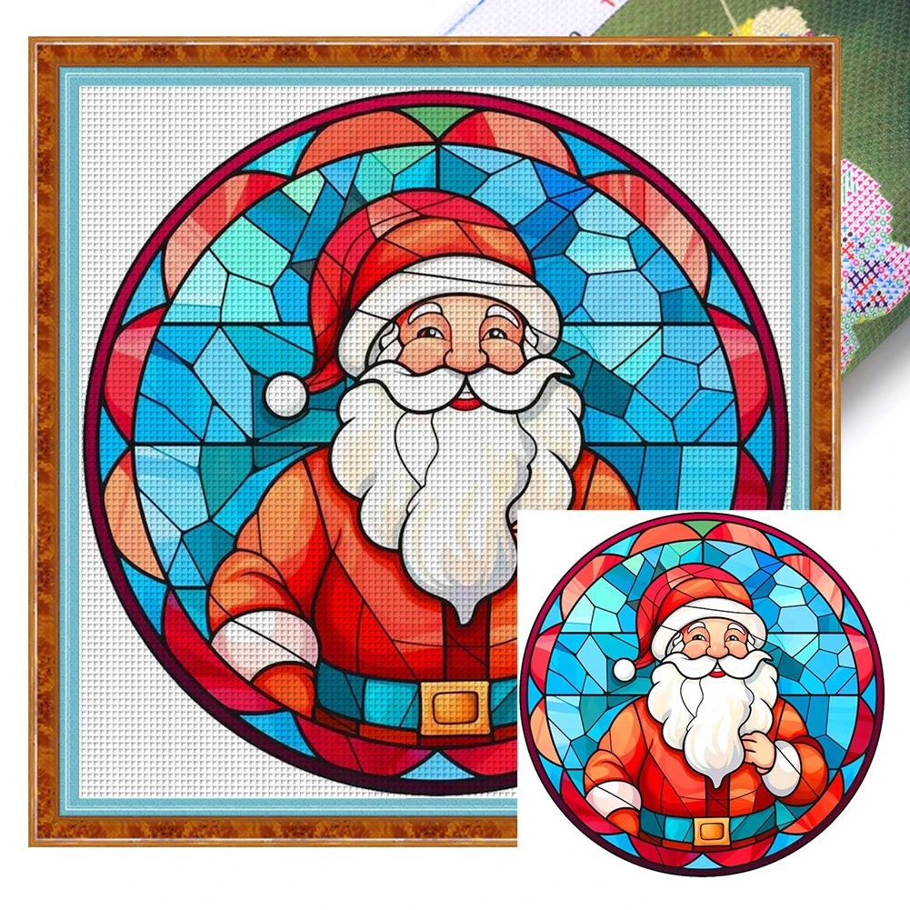 Borduurpakket Kerst – Glas-in-lood Kerstman, Kerstboom, Sneeuwpop