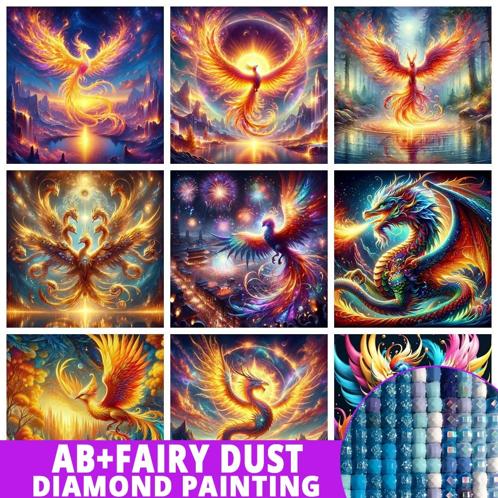AB Diamond Painting op canvas Fantasy Dieren – Kleurrijke Phoenix, Draak en Leeuw