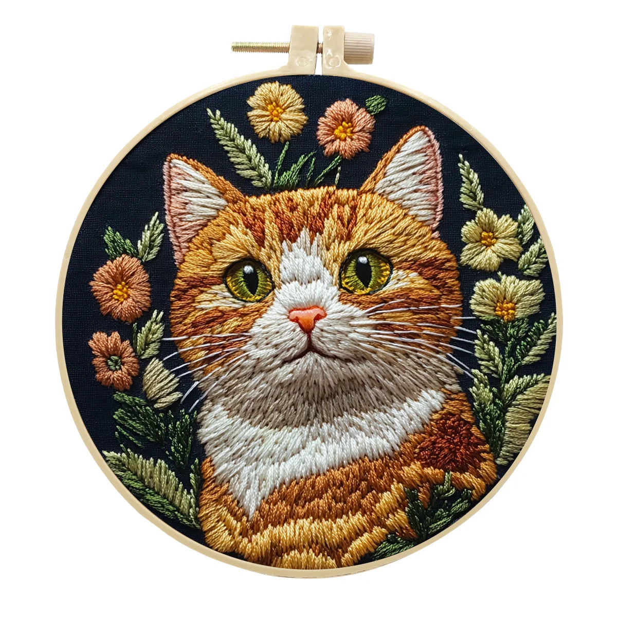 Borduurpakket rond kat en bloemen zwart patroon voor wanddecoratie