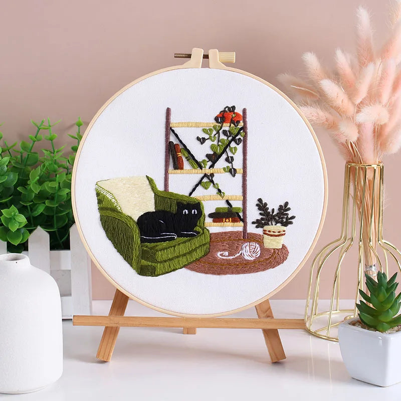 Borduurpakket Rond - Kat en Bloemen - Compleet met Garen en Naalden