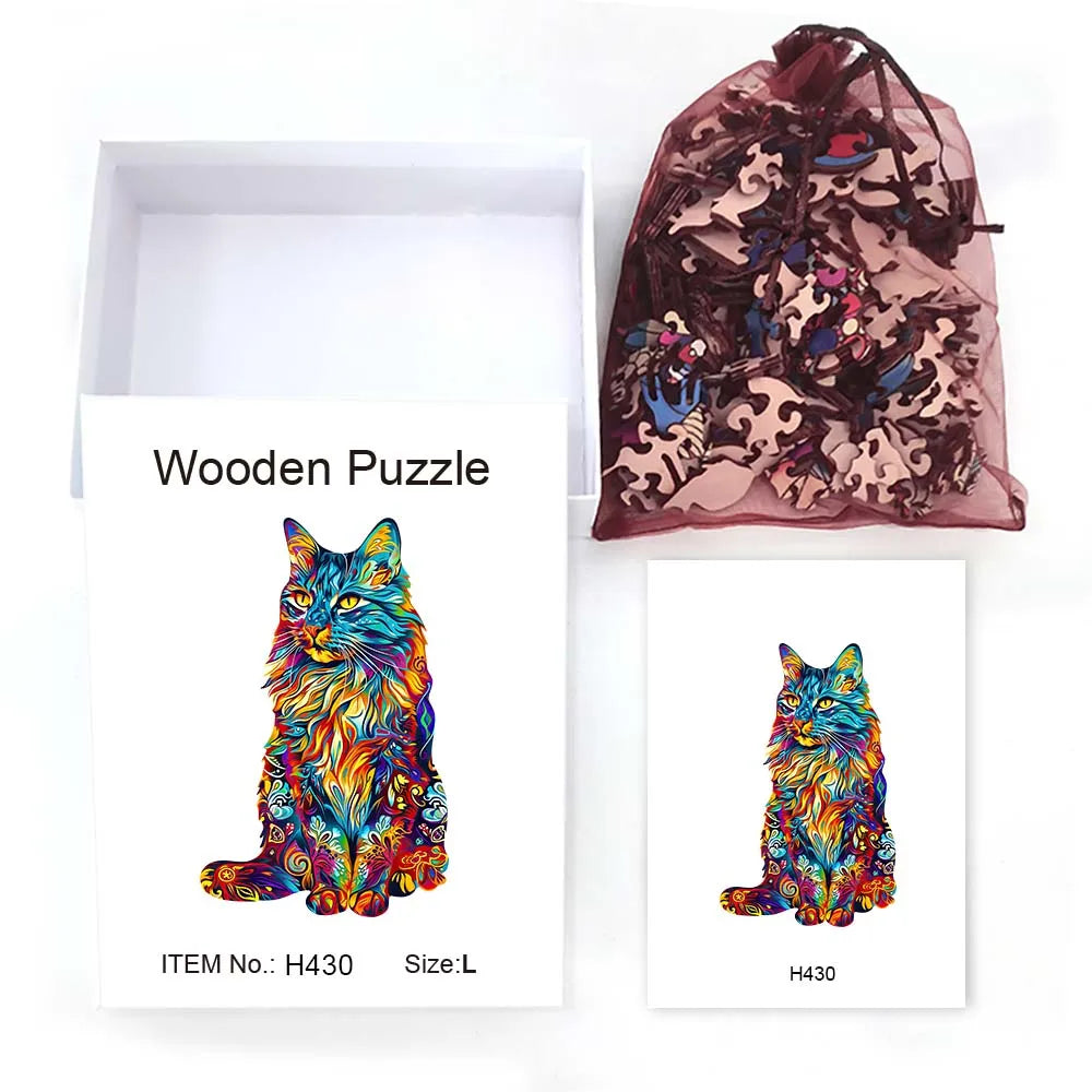 Houten figuren puzzel - Kat in Cadeauverpakking - Unieke en Luxe Geschenkoptie