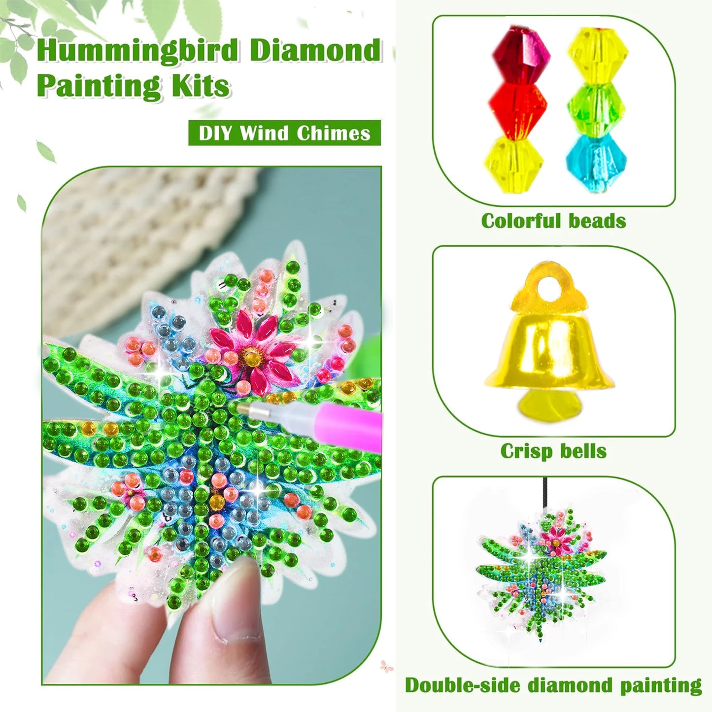 Diamond Painting Windgong Vlinders, Kolibrie en Libelle met Klokjes – Dubbelzijdig