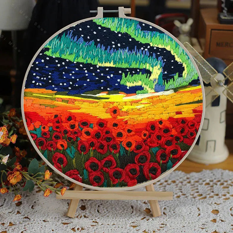 Borduurpakket Rond – Bloemenlandschap in 3D Kruissteek