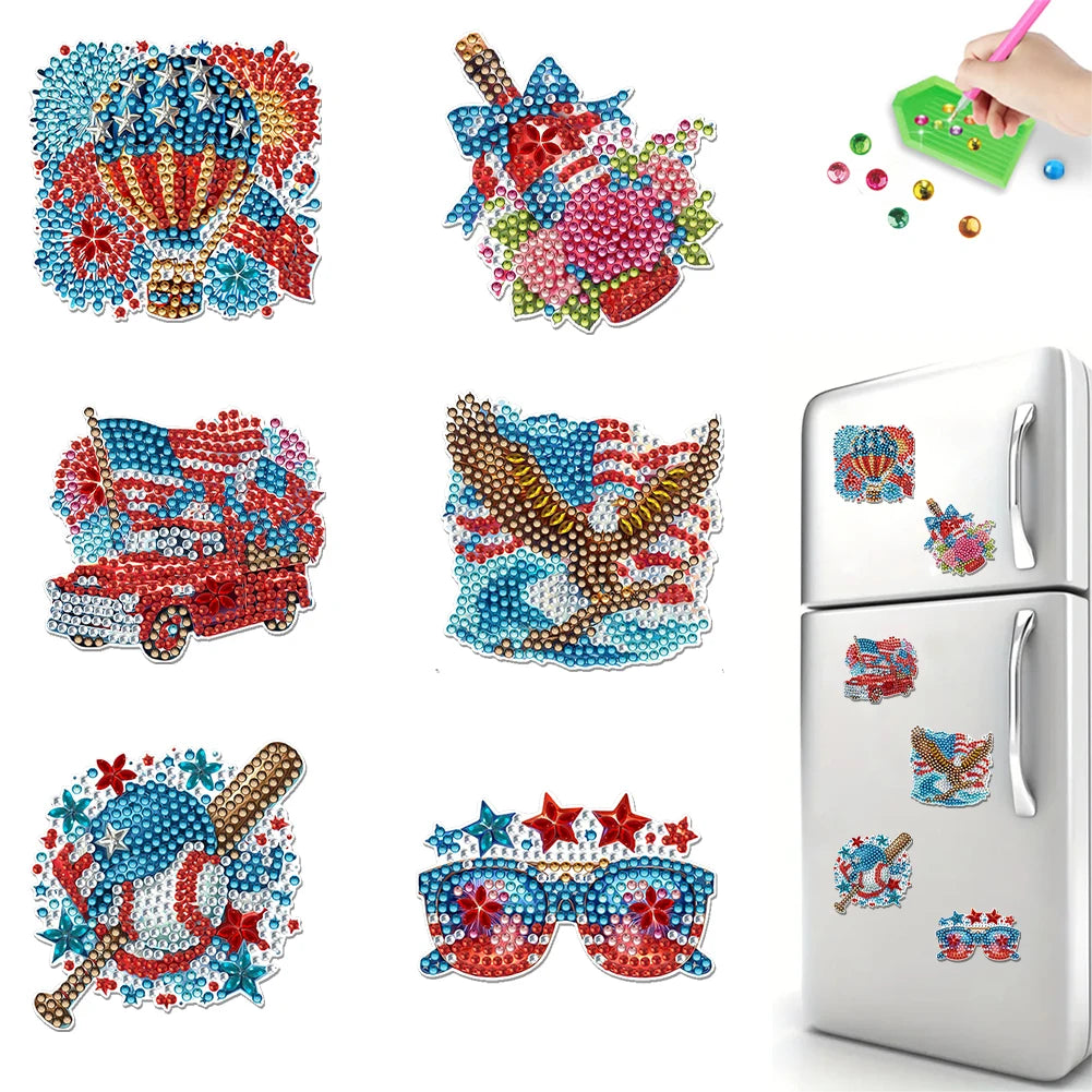 Diamond Painting Magneten – Set van 6 Koelkastmagneten (Eten, Bloemen of Amerikaanse Thema's)