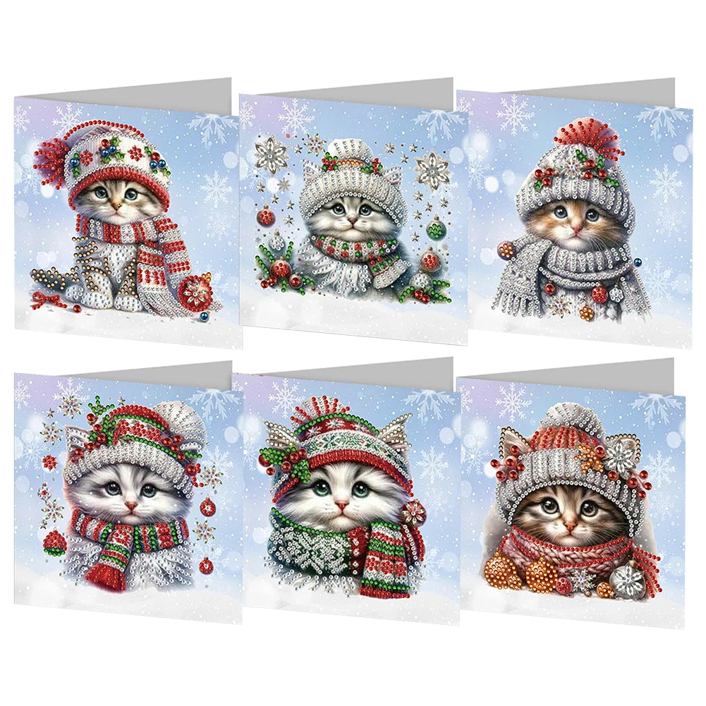 Diamond Painting Kerstkaarten Set - Kerst Katten - 6 Stuks
