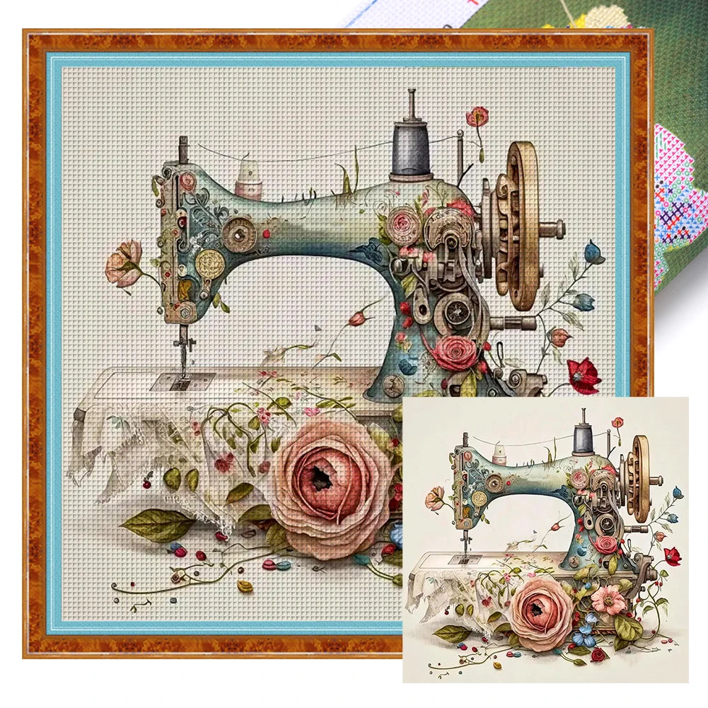 Borduurpakket Bloemmotief met Naaimachine – 40x40cm Complete Set