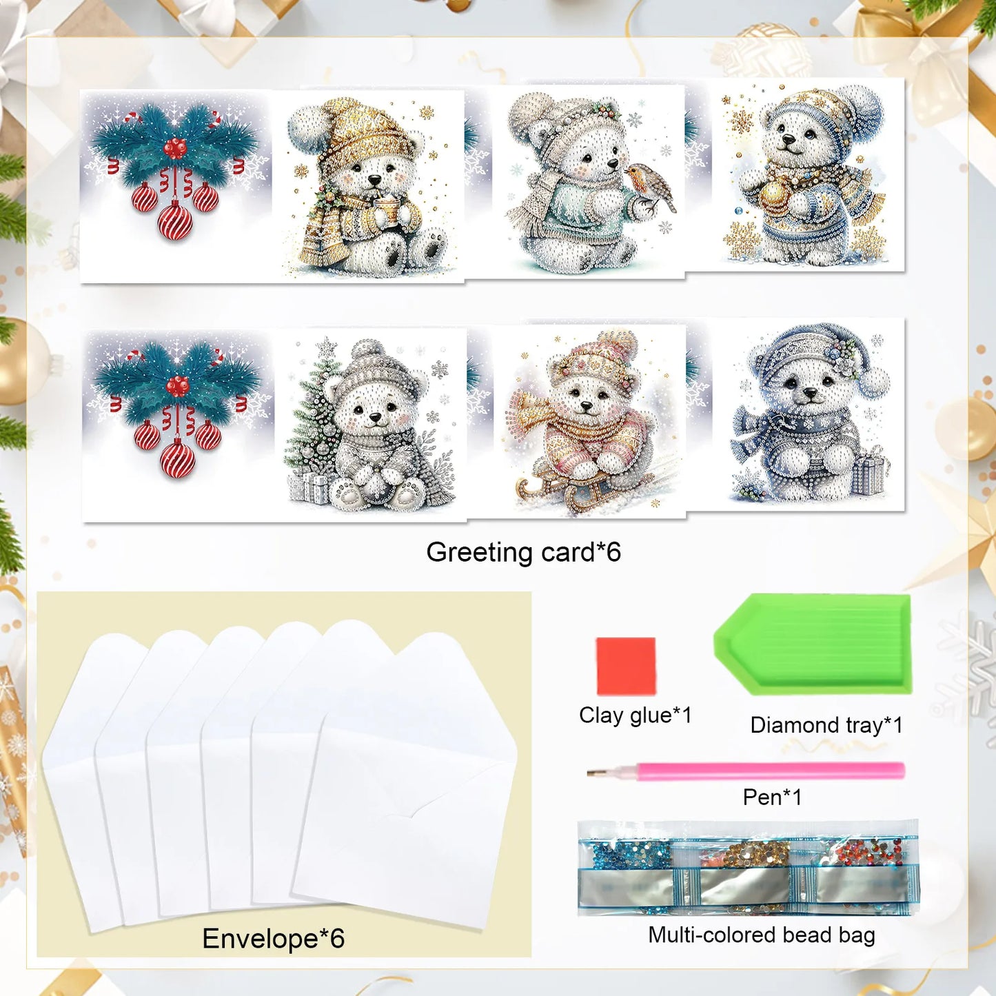 Diamond Painting Kerstkaarten set met 6 luxe kaarten en enveloppen