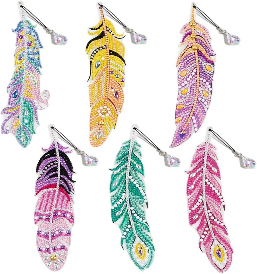 Diamond Painting Boekenlegger Veer – Set van 6 met Kristallen Hangers