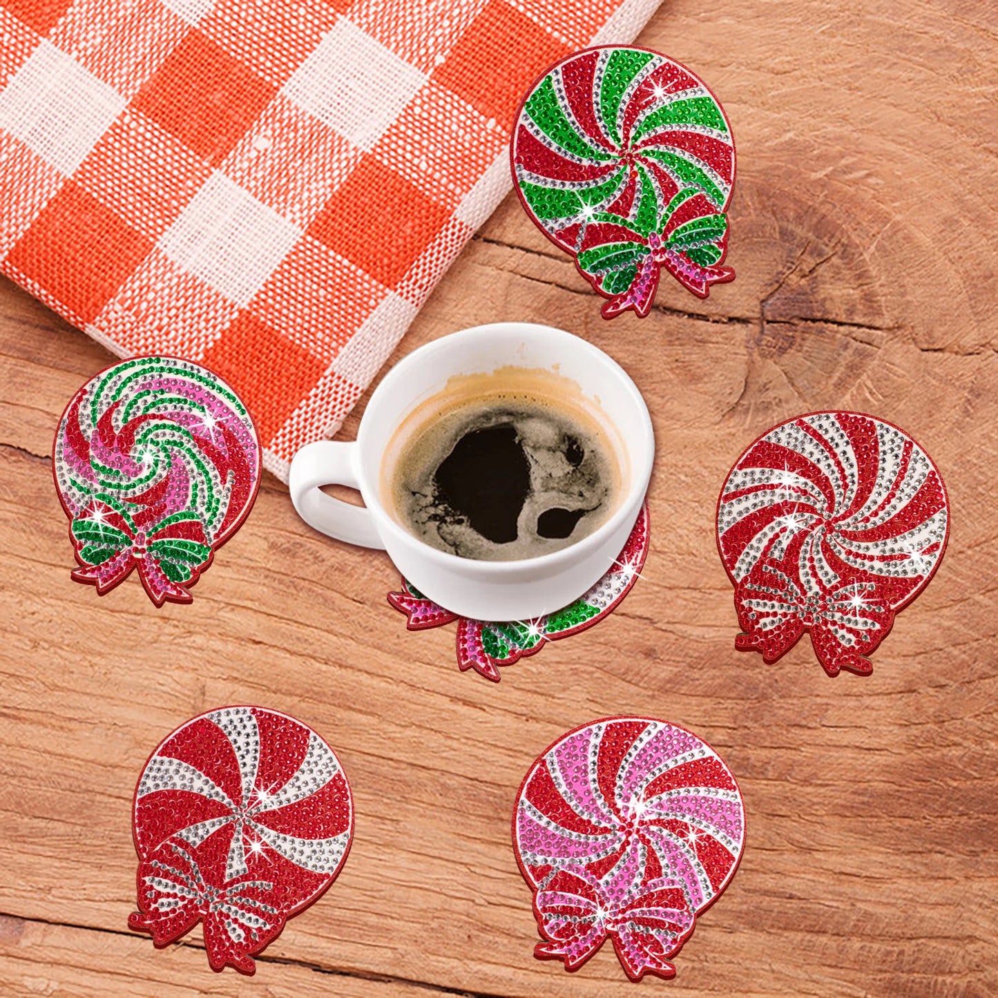 Diamond Painting Onderzetters Kerst Set – 10 Stuks met Houder - Snoep