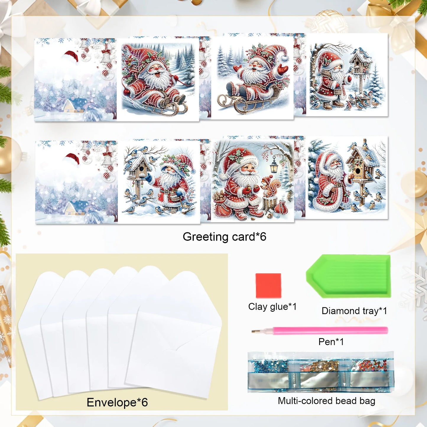 Diamond Painting Kerstkaarten set – 6 stuks met enveloppen en feestelijk design