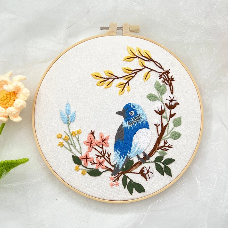 Borduurpakket rond - Bloemen en vogels starterset kruissteek voor beginners