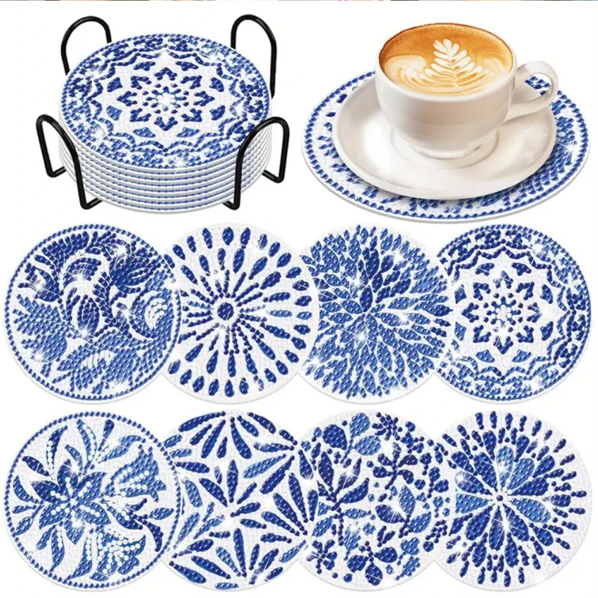Diamond Painting Onderzetters - 8-delige Set met Blauw-Wit Porselein Patroon + houder