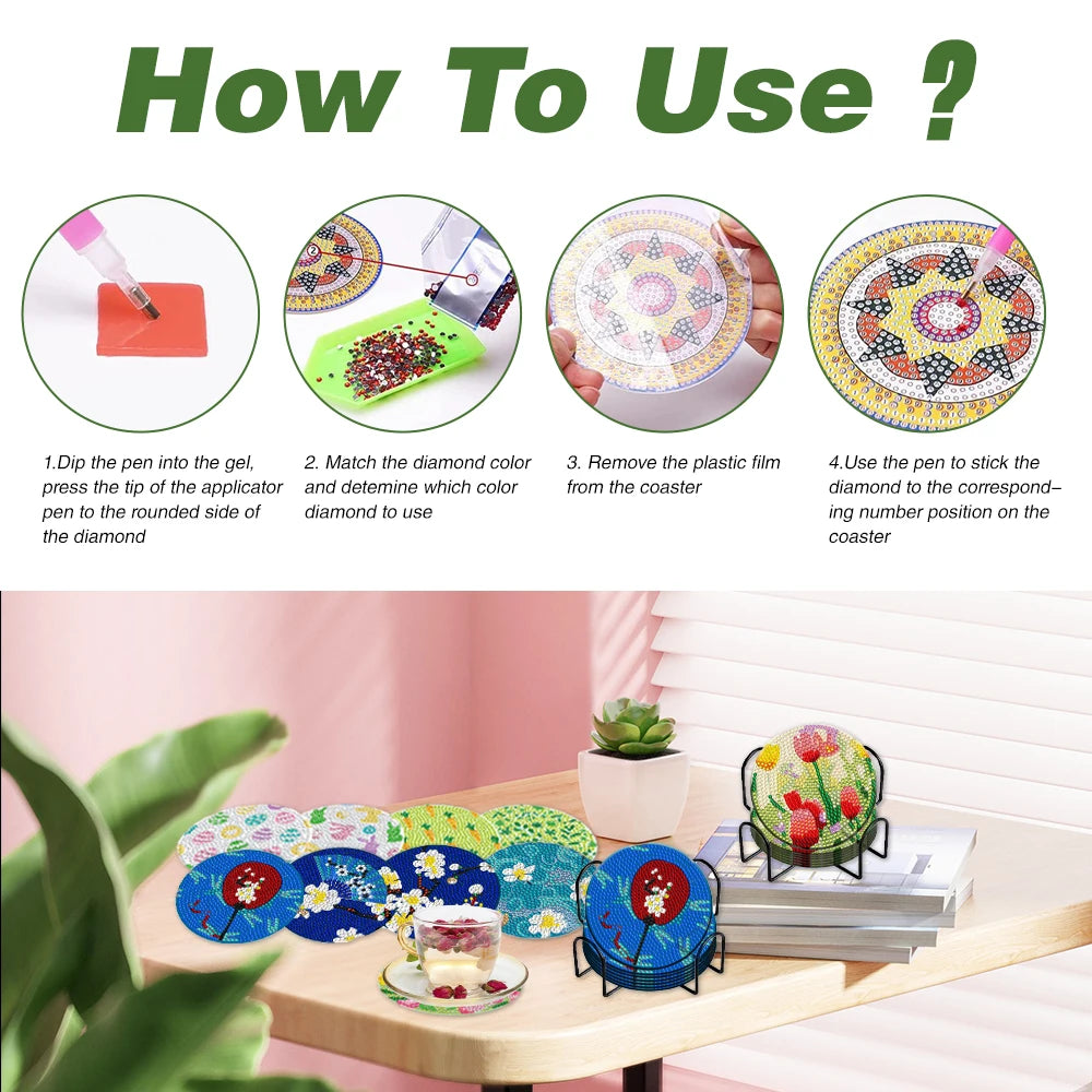 Diamond Painting Onderzetters Bloemen - Set van 8 stuks