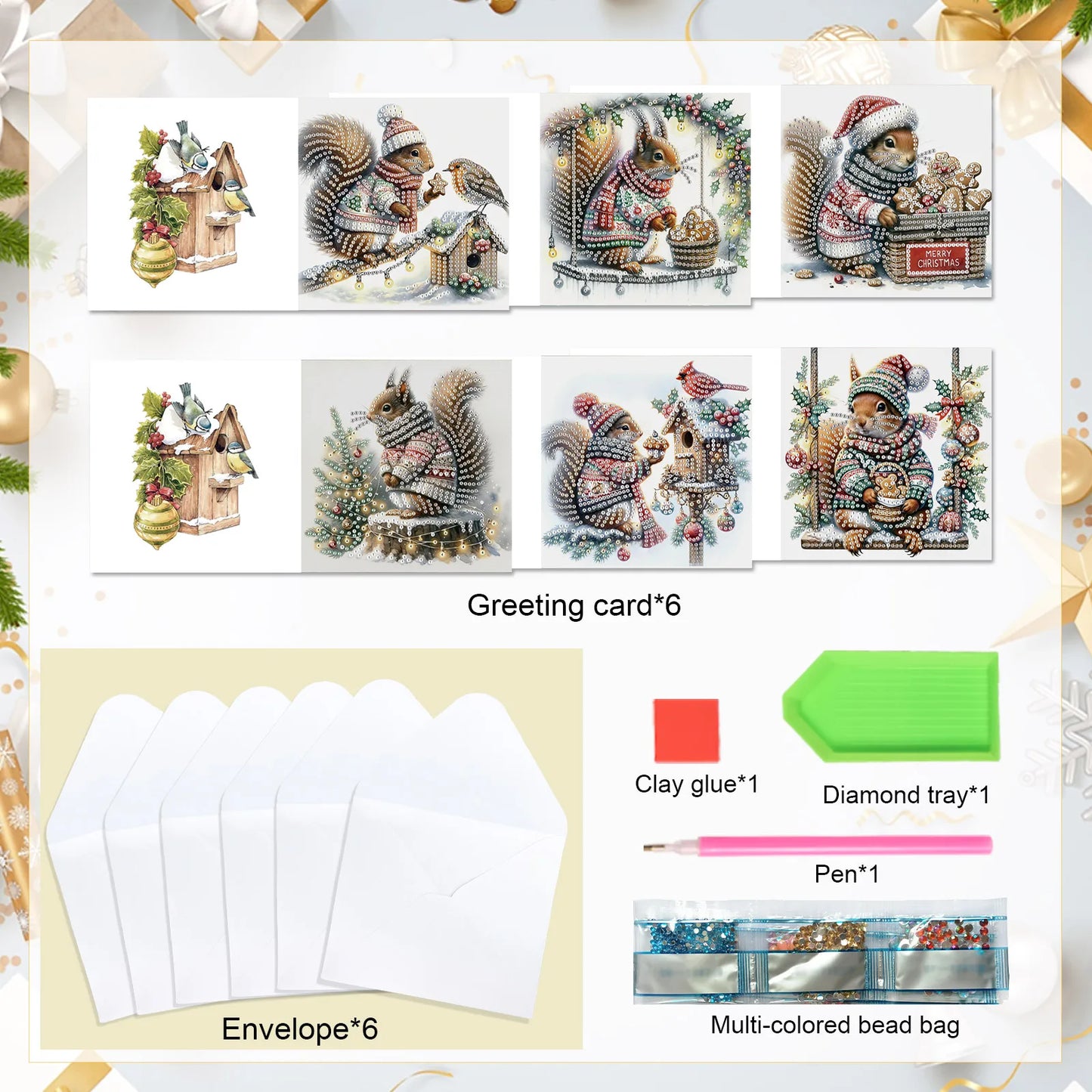 Diamond Painting Kerstkaarten set kerst eekhoorn wenskaarten met enveloppen 6 stuks