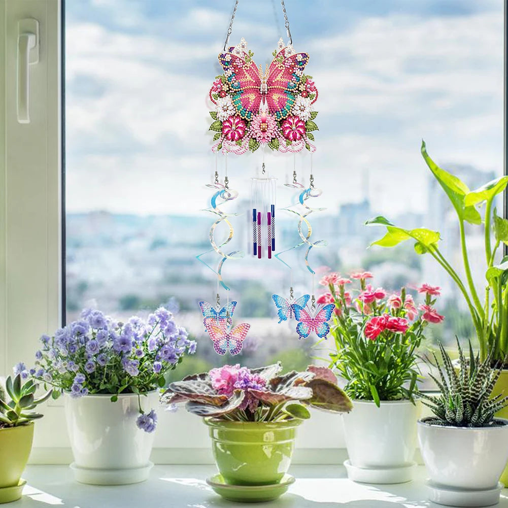 Diamond Painting Windgong met Bloemen, vlinder en Libelle – Dubbelzijdige Hanger met Diamond Painting Steentjes