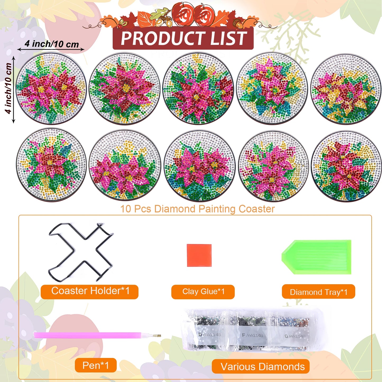 Diamond Painting Onderzetters Bloemen – Set van 10 met Houder